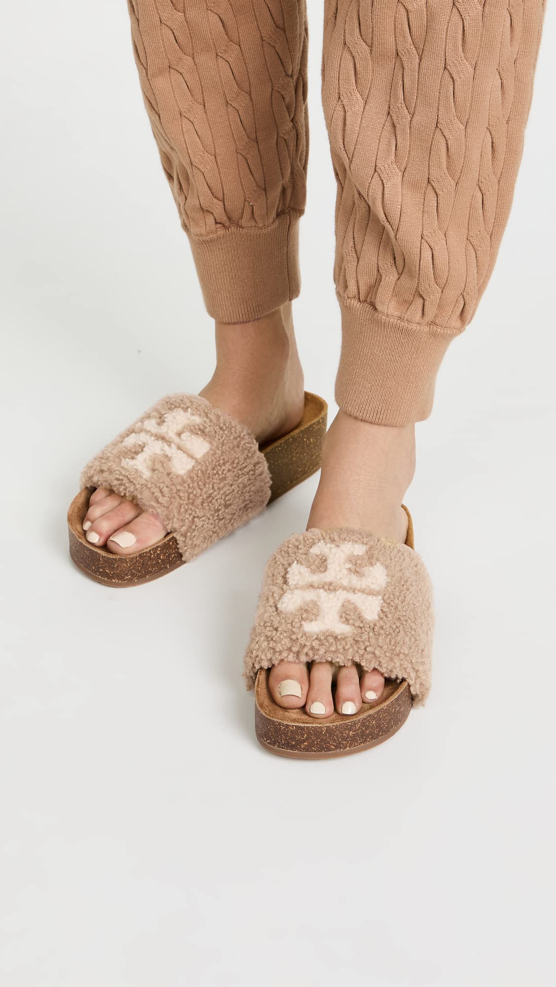 Tory Burch Women's Double T Shearling Wedge Slides Almond Flour/Buttermilk/Cork (6, Numeric_6)