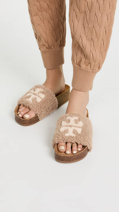 Tory Burch Women's Double T Shearling Wedge Slides Almond Flour/Buttermilk/Cork (6, Numeric_6)