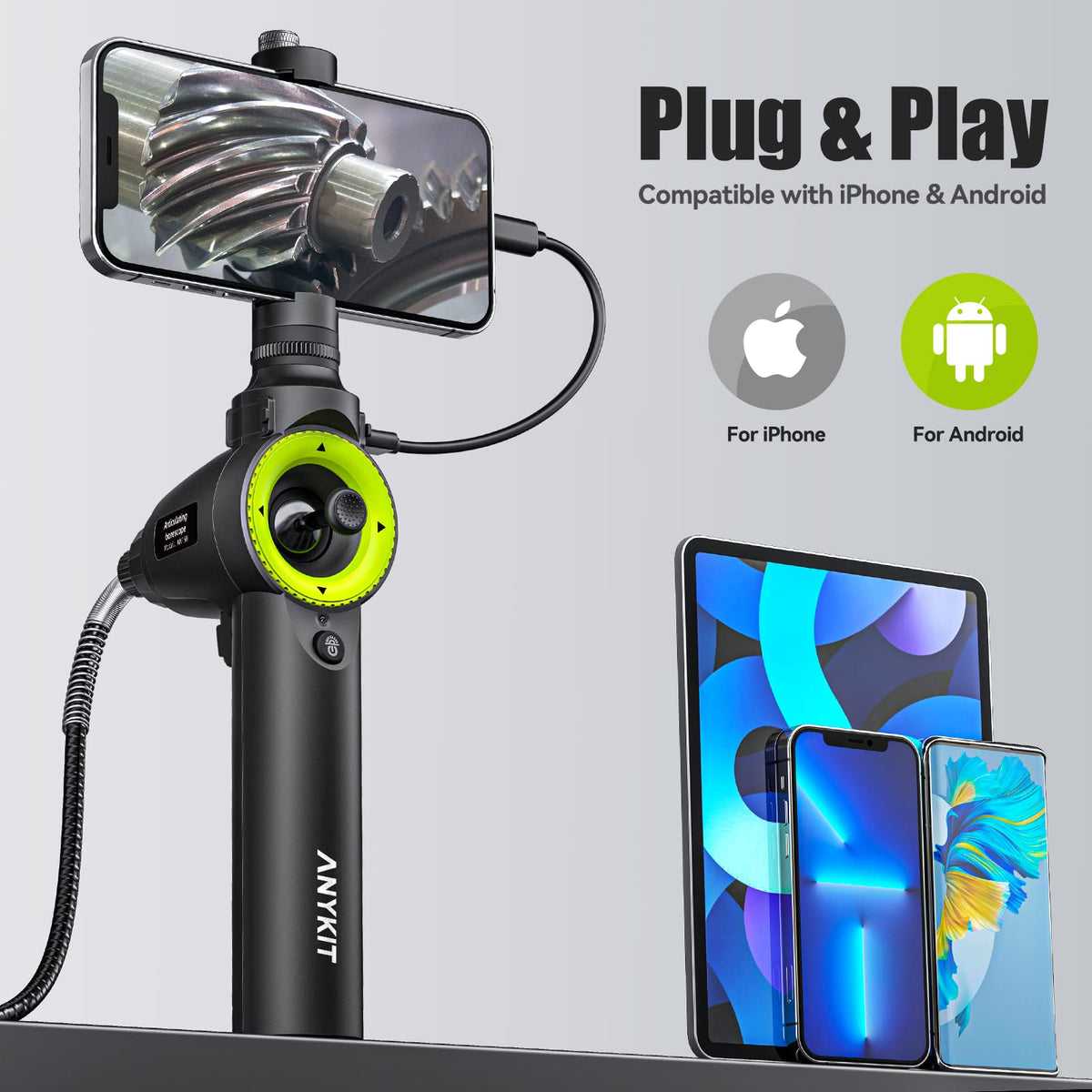 360° Articulating Borescope, Anykit Joystick Articulating Endoscope Inspection Camera with Steerable Probe for Automotive Aircraft Mechanics, Compatible with iPhone and Android (7.6mm/3.3ft)