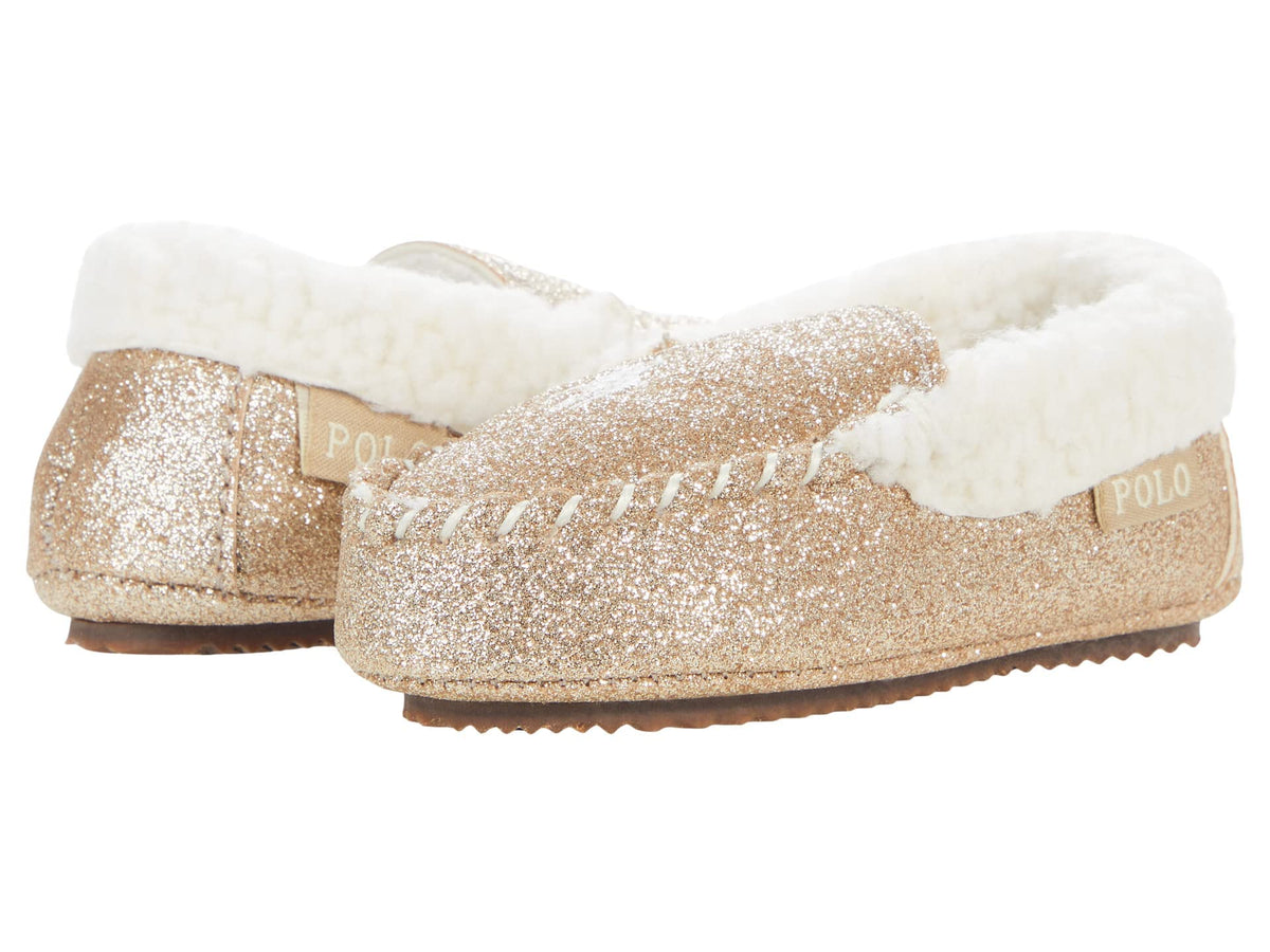 Polo Ralph Lauren Baby Girl's Dezi IV Moccasin Slipper (Toddler) Gold Glitter/Cream Pony Player 4 Toddler M