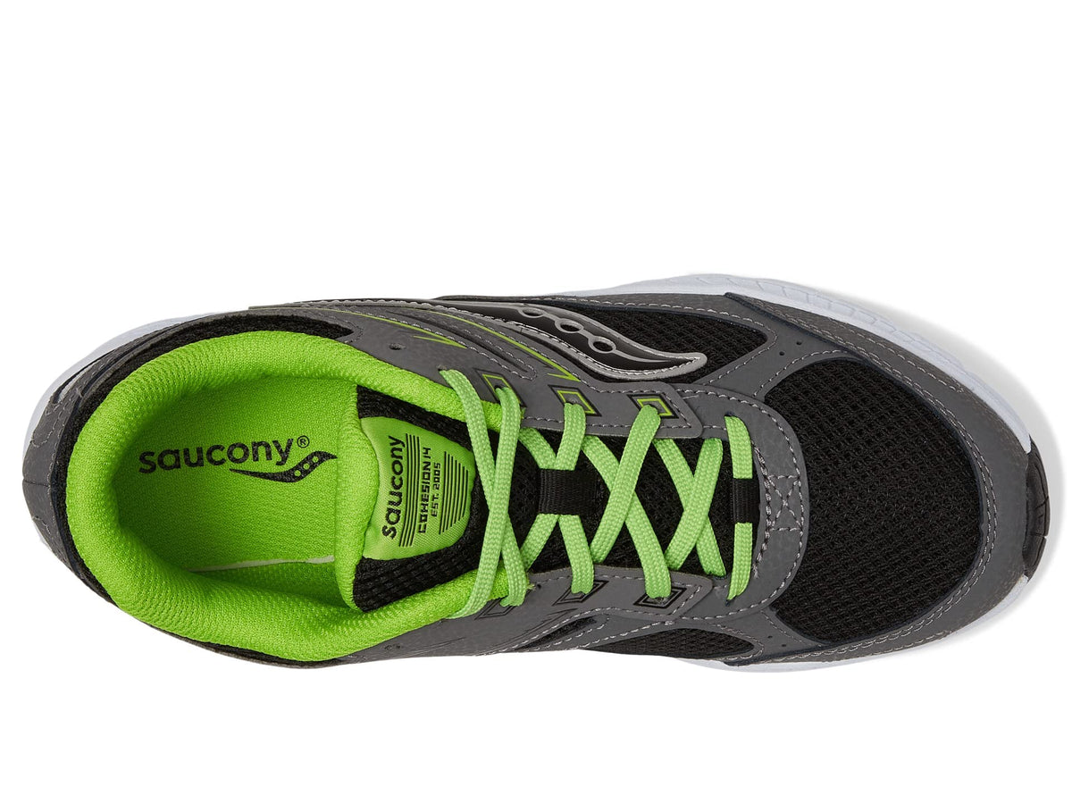 Saucony Cohesion 14 Lace to Toe Sneaker, Grey/Black/Green, 3.5 Wide US Unisex Big_Kid