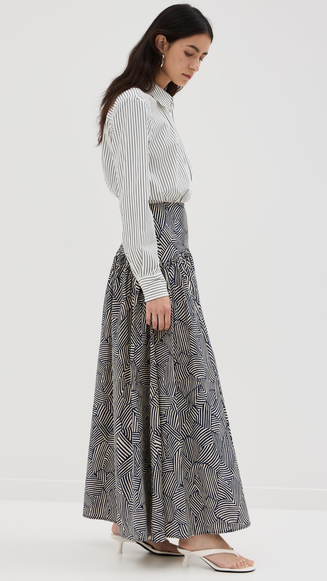 STAUD Women's Rocco Dress, Ivory Micro Stripe/Navy Mosaic, 10