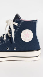 Converse Women's Chuck Taylor All Star Lift Platform Denim Fashion Sneakers, Navy/Egret/Sunrise Pink, 7 Medium US