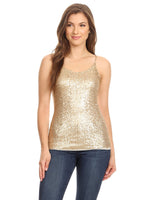 Anna-Kaci Womens Glitzy All Over Sequin Chain Straps Slim Spaghetti Tank Top, Gold, Medium
