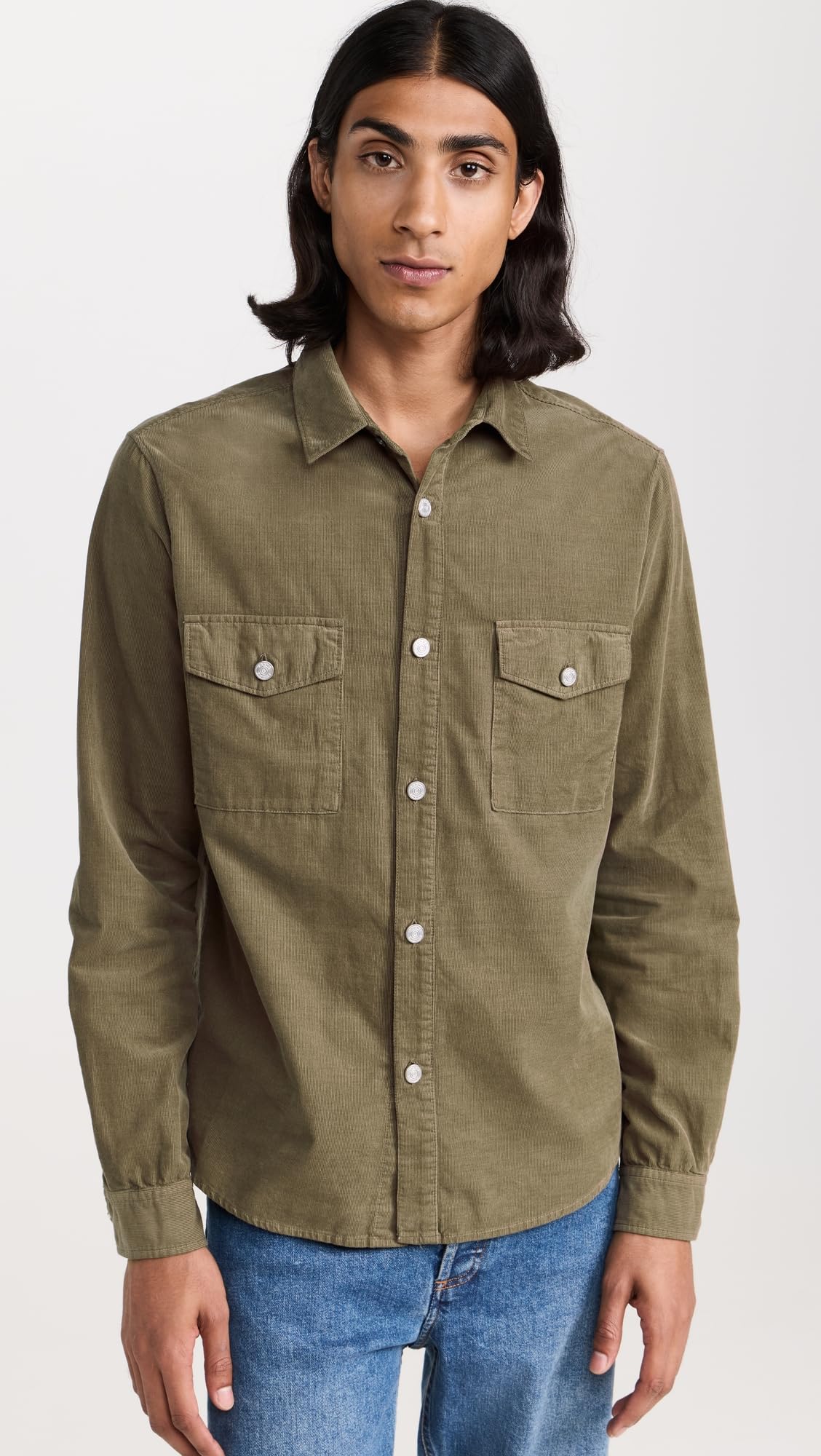 FRAME Men's Double Pocket Micro Cord Shirt, Mocha, Green, S