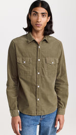 FRAME Men's Double Pocket Micro Cord Shirt, Mocha, Green, S