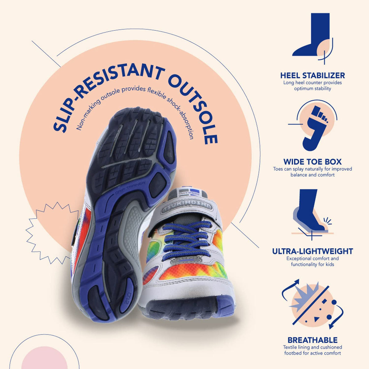 TSUKIHOSHI 4810 MAKO Strap-Closure Machine-Washable Youth Athletic and Running Shoe with Wide Toe Box and Slip-Resistant, Non-Marking Outsole 3.5 Big Kid Silver/Multi