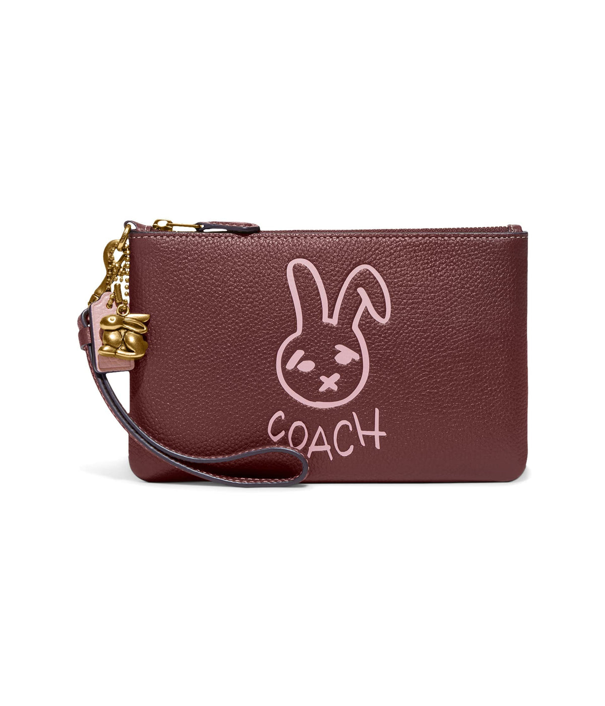Coach Bunny Graphic Polished Pebble Small Wristlet Wine Multi One Size