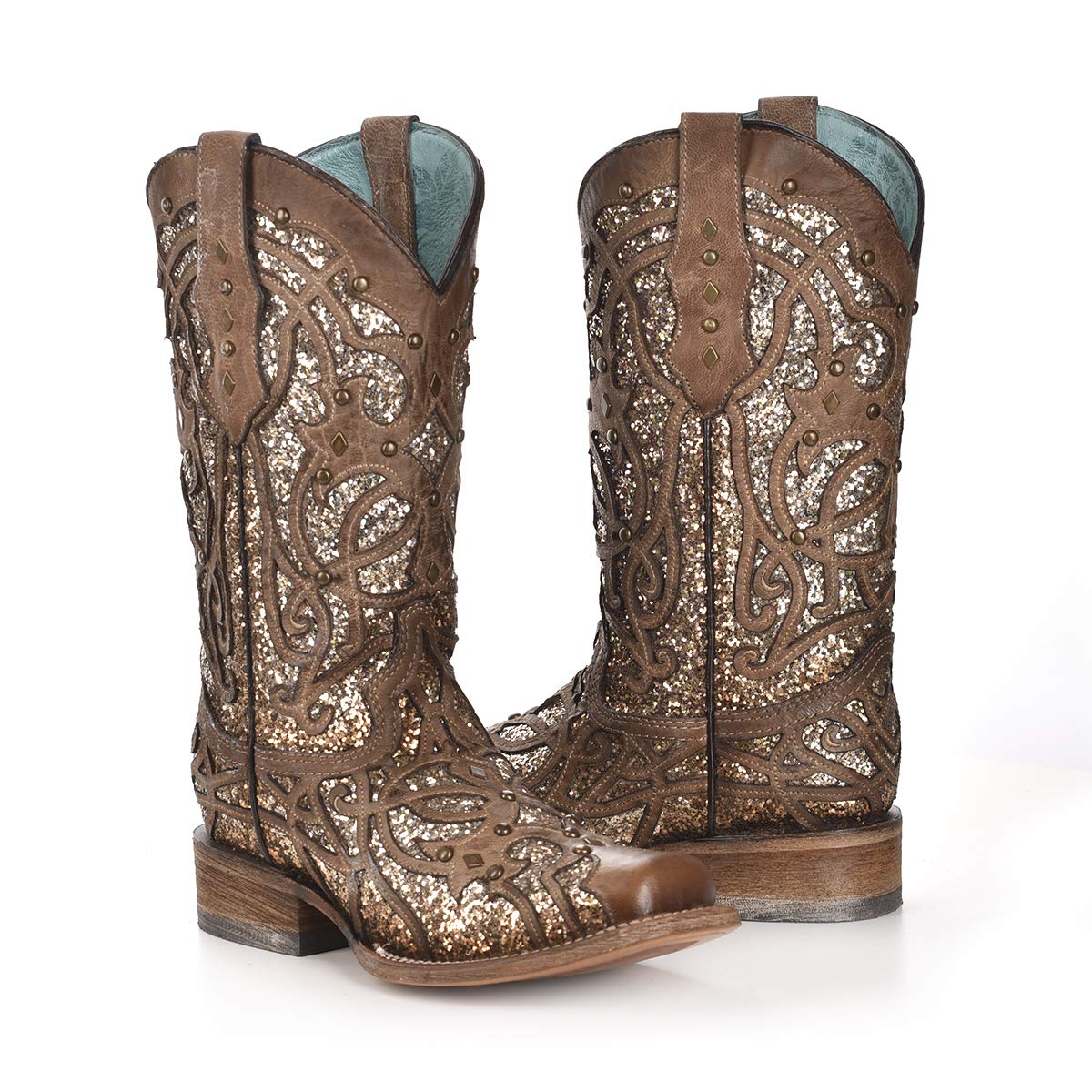 Corral Women's Orix Glitter Inlay Studs Square Toe SZ Boots, Brown, 6.5