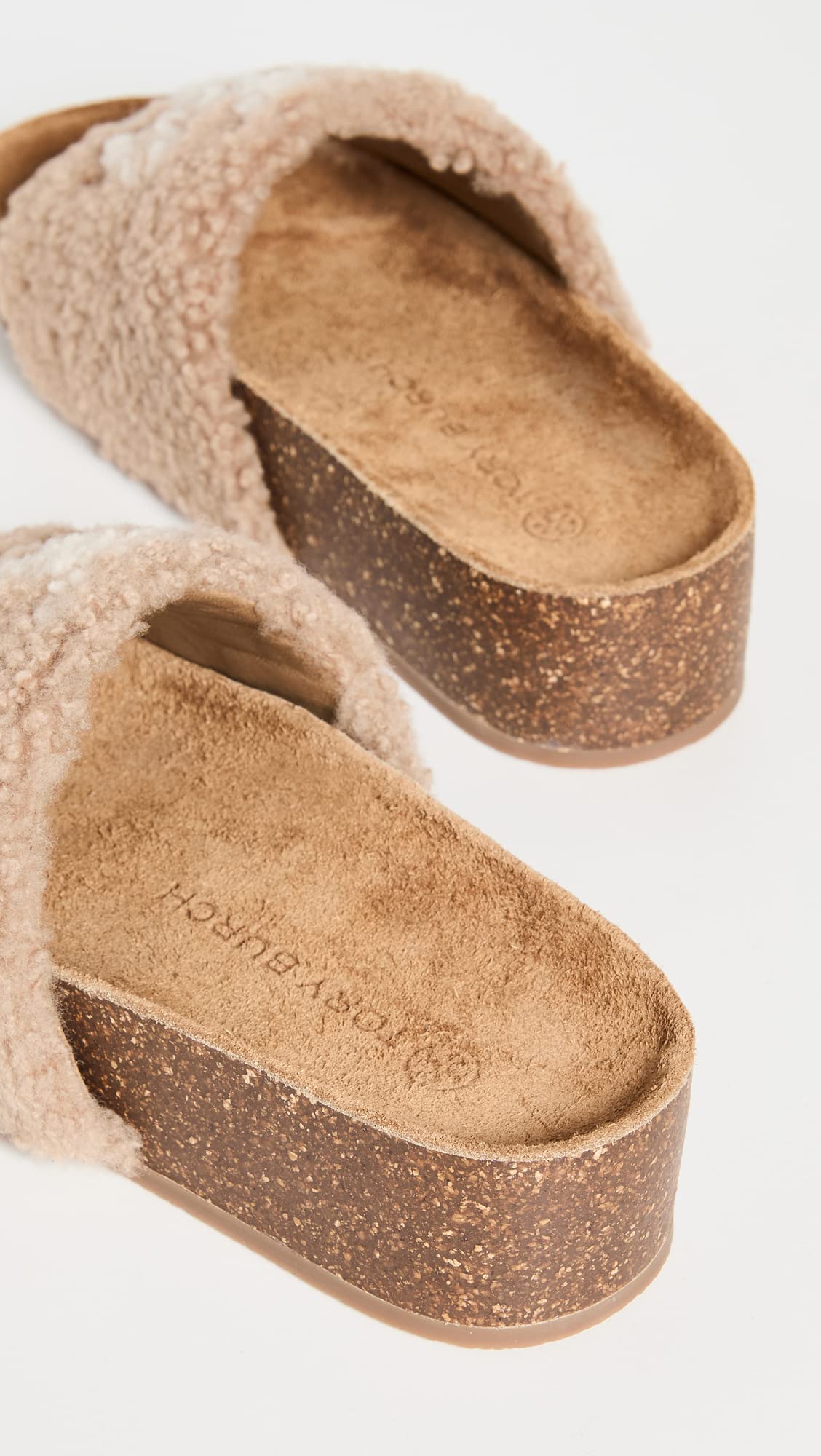 Tory Burch Women's Double T Shearling Wedge Slides Almond Flour/Buttermilk/Cork (6, Numeric_6)