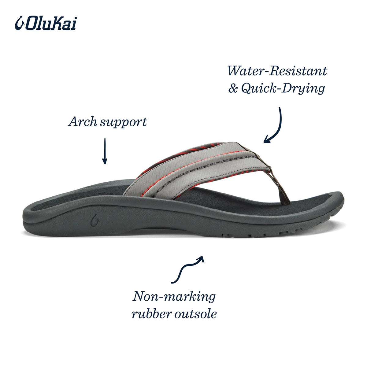 OLUKAI Hokua Men's Beach Sandals, Quick-Dry Flip-Flop Slides, Water Resistant & Wet Grip Rubber Soles, Compression Molded Footbed & Soft Comfort Fit 11 Dk Shadow/Lehua