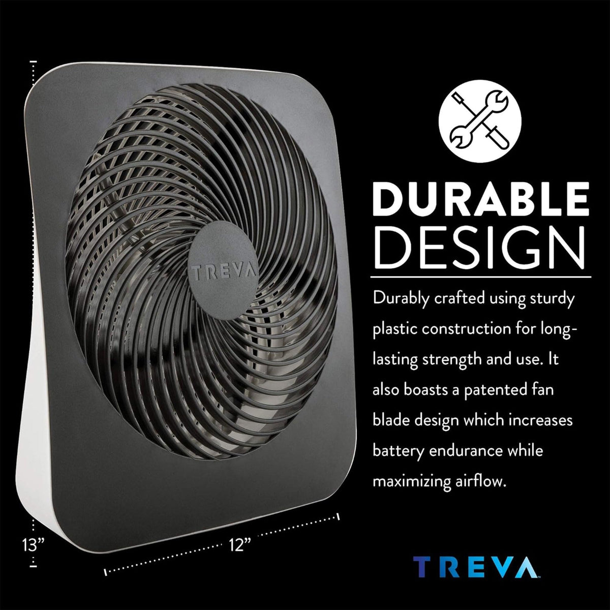 Treva 10-Inch Portable Fan, Powered by Battery and/or AC Adapter - Desk Fan Air Circulating with 2 Cooling Speeds for Personal and Travel Use (Black)