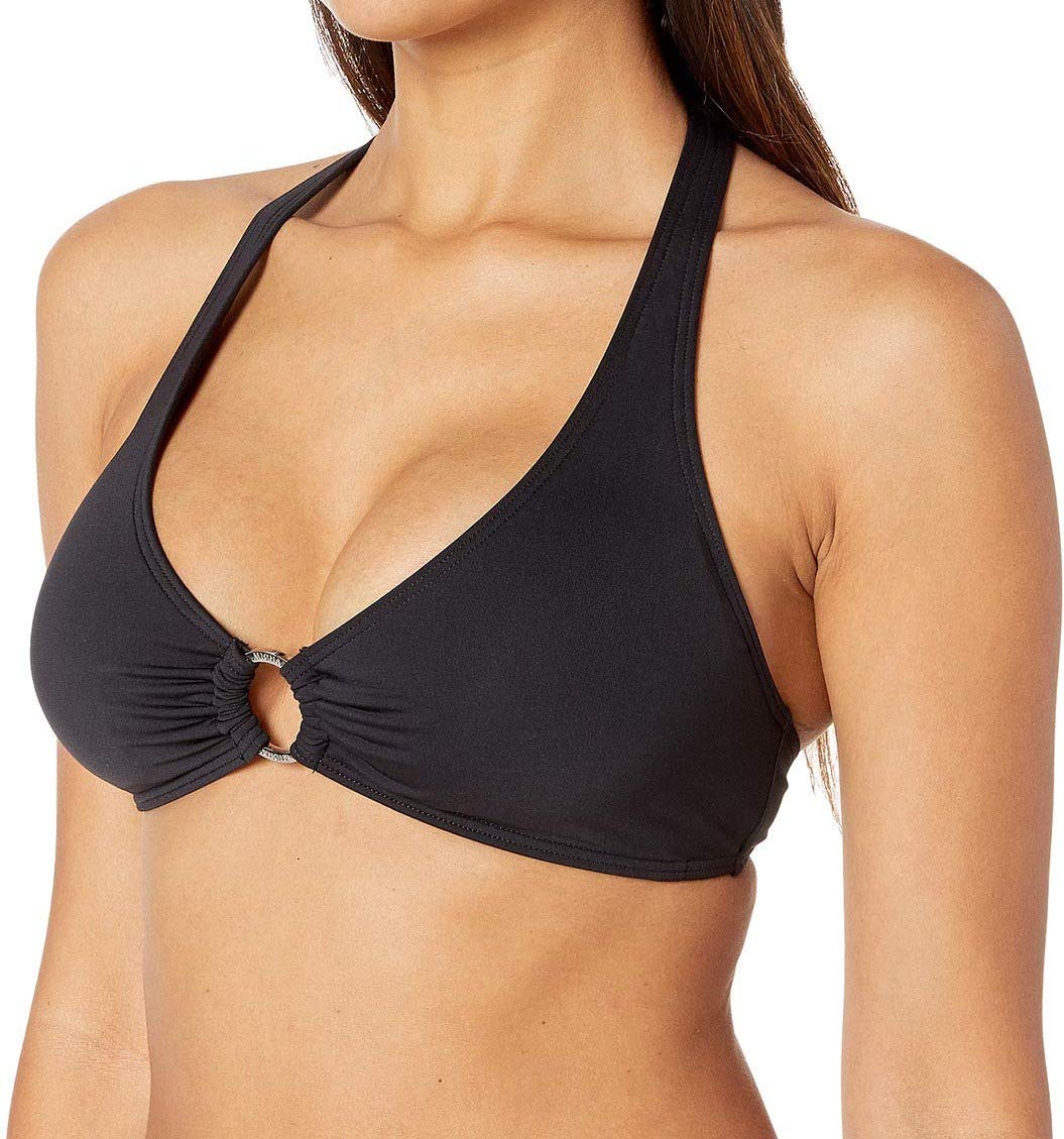 Michael Kors Iconic Solids Logo Ring Halter Bikini Top Black SM