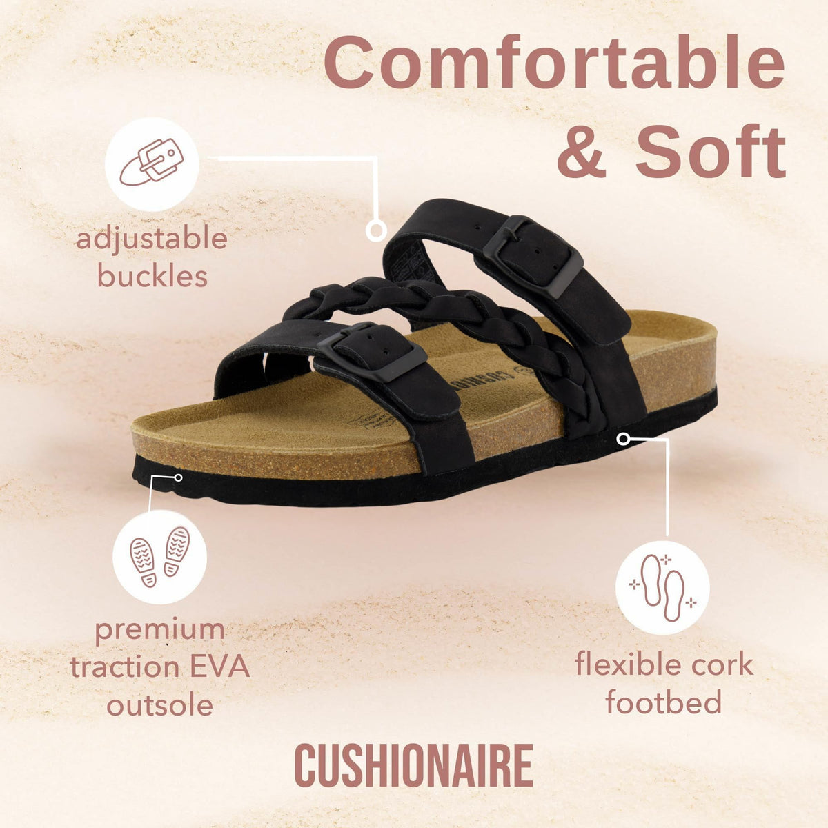 CUSHIONAIRE Women's Cork Footbed Sandal - Comfortable, Adjustable Straps, Arch Support, Wide Widths Available, Boho Chic Summer Slides, White 7.5W