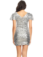 Anna-Kaci Womens Sexy Sparkly Glitter Sequin V Neck Bodycon Mini Party Dress, Silver, X-Large