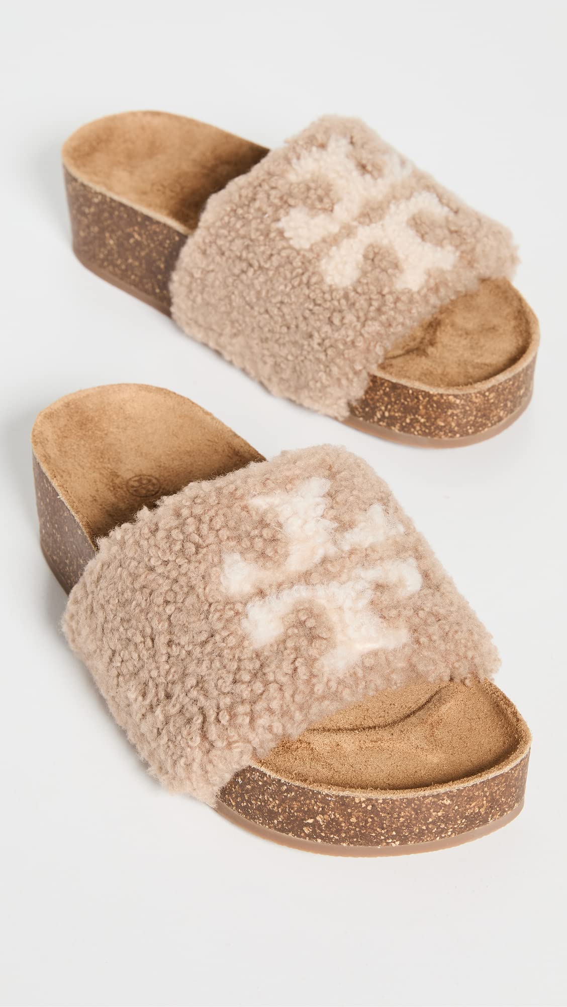 Tory Burch Women's Double T Shearling Wedge Slides Almond Flour/Buttermilk/Cork (6, Numeric_6)