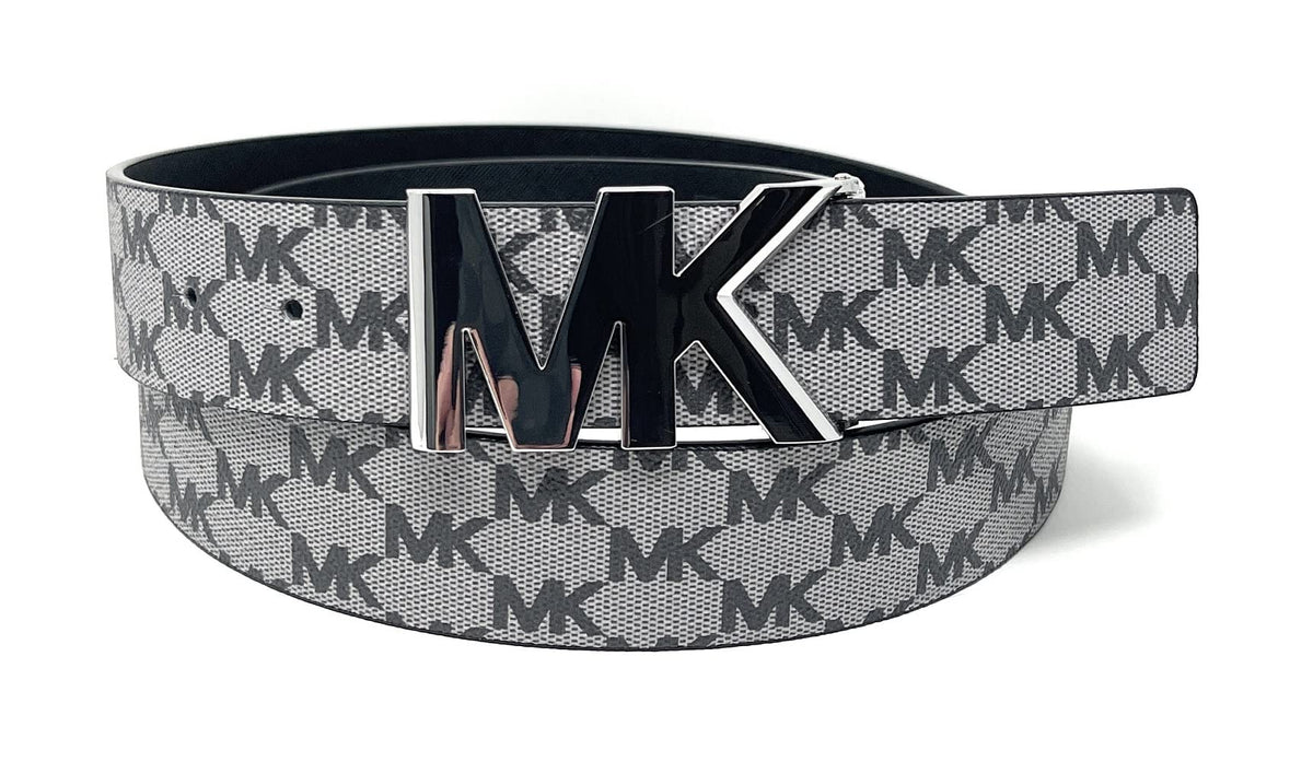 Michael Kors 38mm Leather Reversible MK Logo Plaque Buckle Belt (Grey/Black, S)