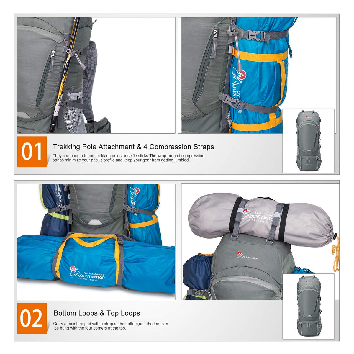 MOUNTAINTOP 65L Internal Frame Backpack with Rain Cover Medium Teal-65l