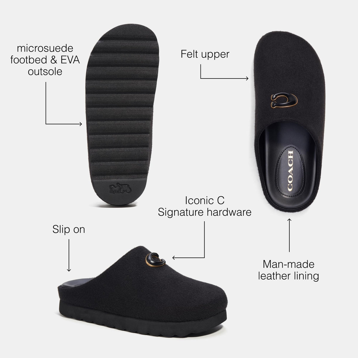 Coach Women's Hadley Felt Slipper 7 Black