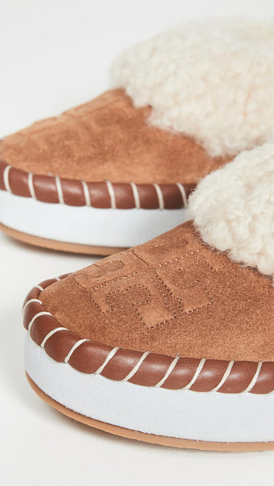 Tory Burch Women's Shearling Slippers, Toasted Caramel/Buttermilk, Brown, Off White, 7.5 Medium US