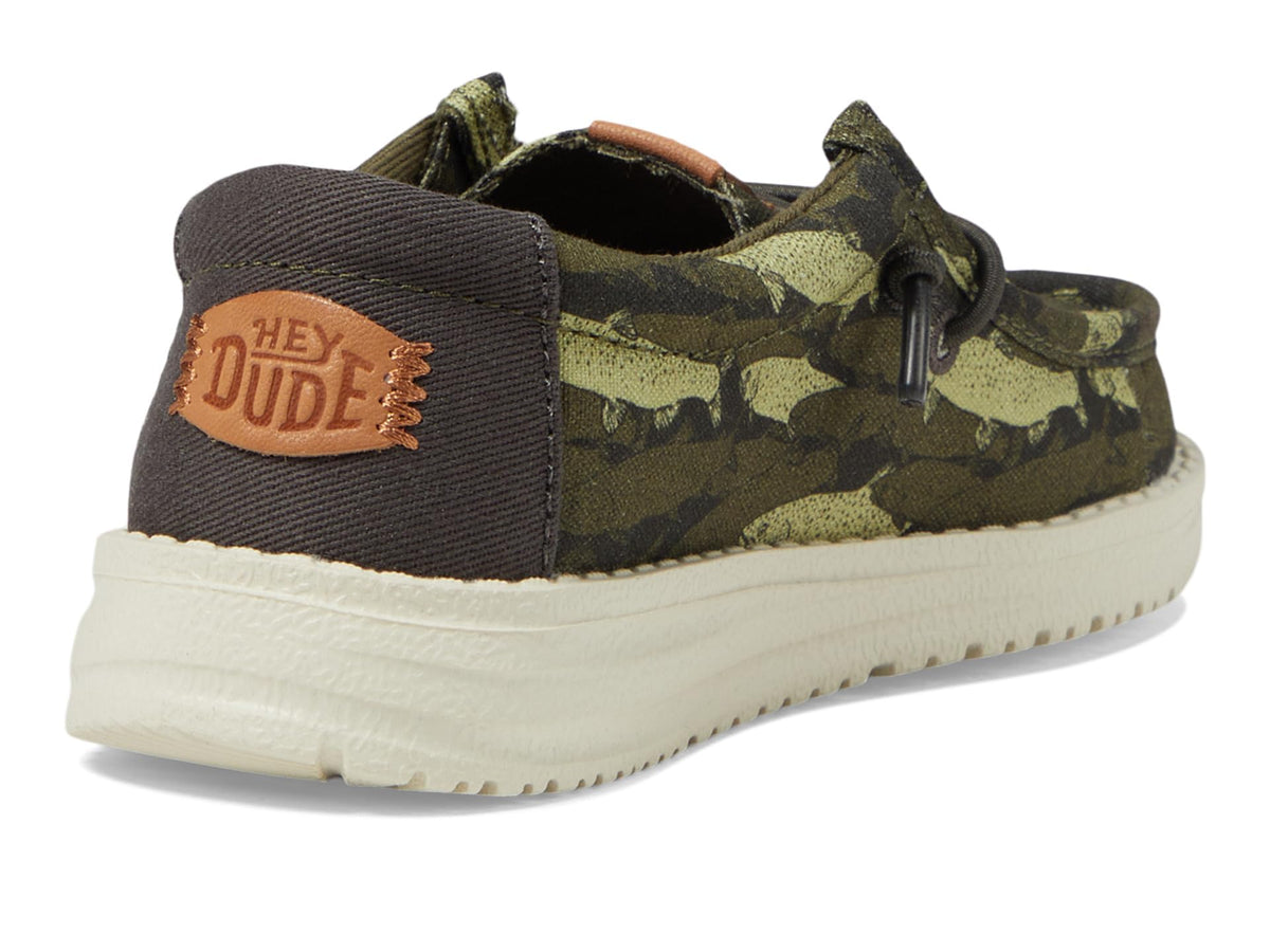 HEYDUDE Boy's Wally-T Fish Camo Olive Size 6 | Youth's Shoes | Youth Slip-on Loafers | Comfortable & Light-Weight