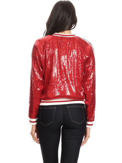 Anna-Kaci Womens Long Sleeve Front Zip Track Stripe Sequin Bomber Jacket, Red, X-Large