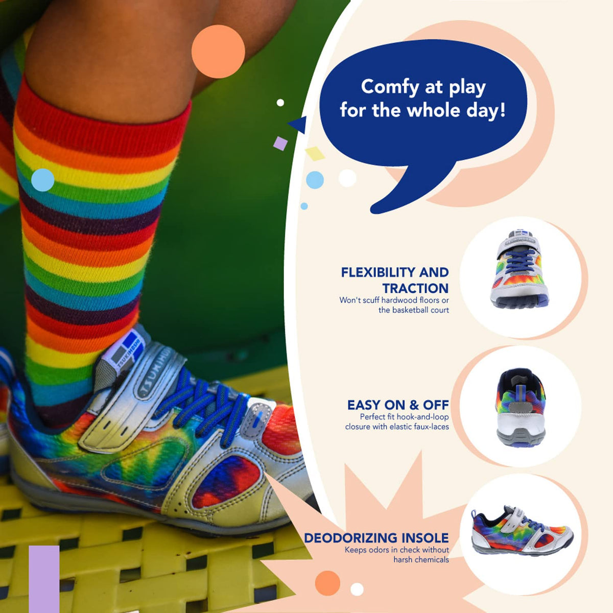 TSUKIHOSHI 4810 MAKO Strap-Closure Machine-Washable Youth Athletic and Running Shoe with Wide Toe Box and Slip-Resistant, Non-Marking Outsole 3.5 Big Kid Silver/Multi