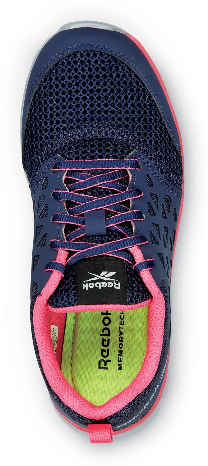 Reebok Work Sublite Cushion Work, Women's, Athletic Style, MaxTrax Slip Resistant, Soft Toe Work Shoe 9.5 Wide Navy/Pink