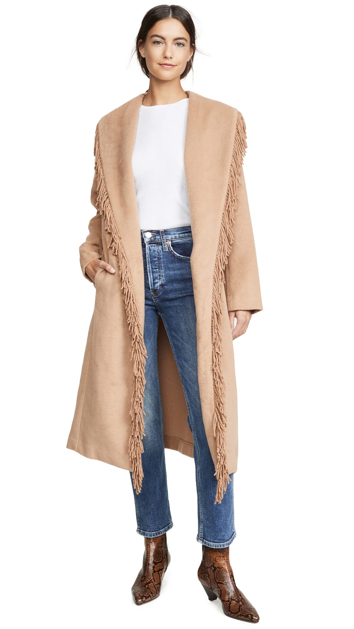 Line & Dot Women's Linda Fringe Coat, Camel, Tan, L