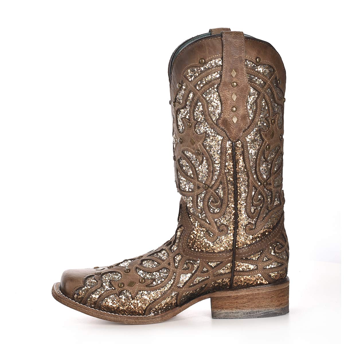 Corral Women's Orix Glitter Inlay Studs Square Toe SZ Boots, Brown, 6.5