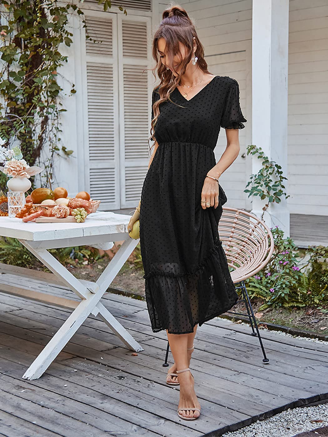 Anna-Kaci Women Summer Swiss Dot Short Sleeve Dress High Waist V Neck Floral Print Flowy Maxi Dress, Small Black