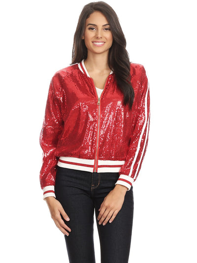 Anna-Kaci Womens Long Sleeve Front Zip Track Stripe Sequin Bomber Jacket, Red, X-Large