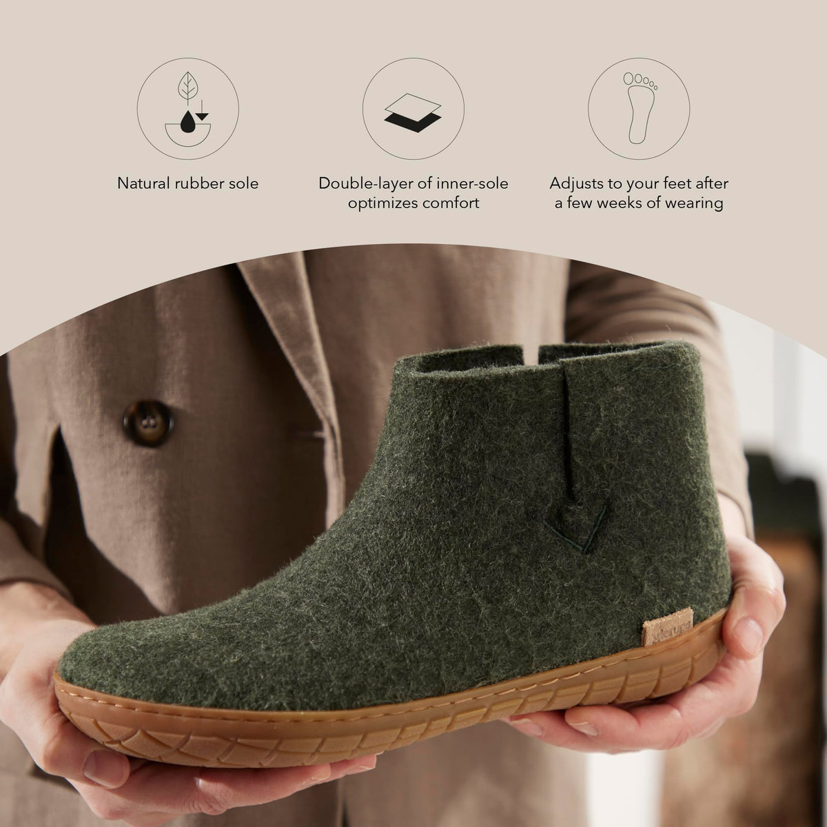 Glerups 100% quality wool mix Boot Slipper with rubber sole - Unisex - Forest - Size 5