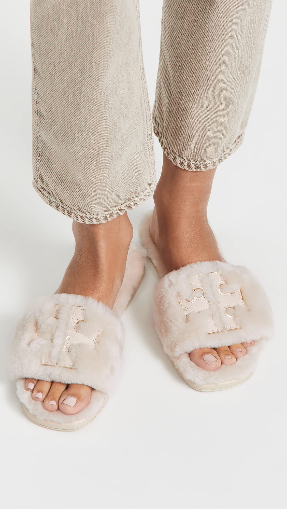 Tory Burch Women's Double T Shearling Slides, Natural/Dulce De Leche/Gold, 11 Medium US