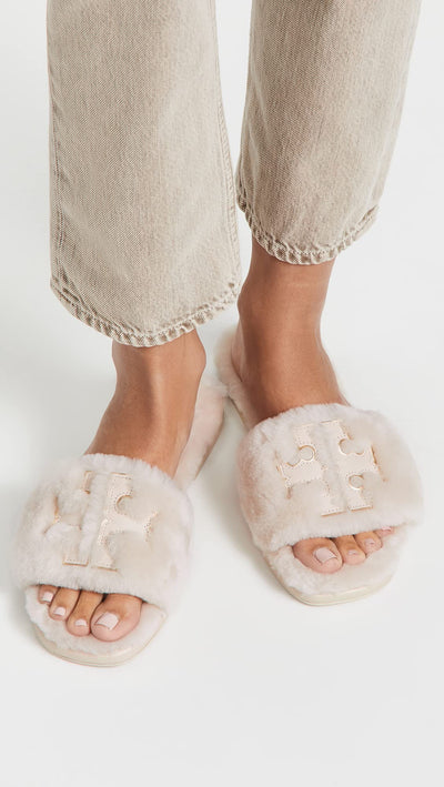 Tory Burch Women's Double T Shearling Slides, Natural/Dulce De Leche/Gold, 10 Medium US