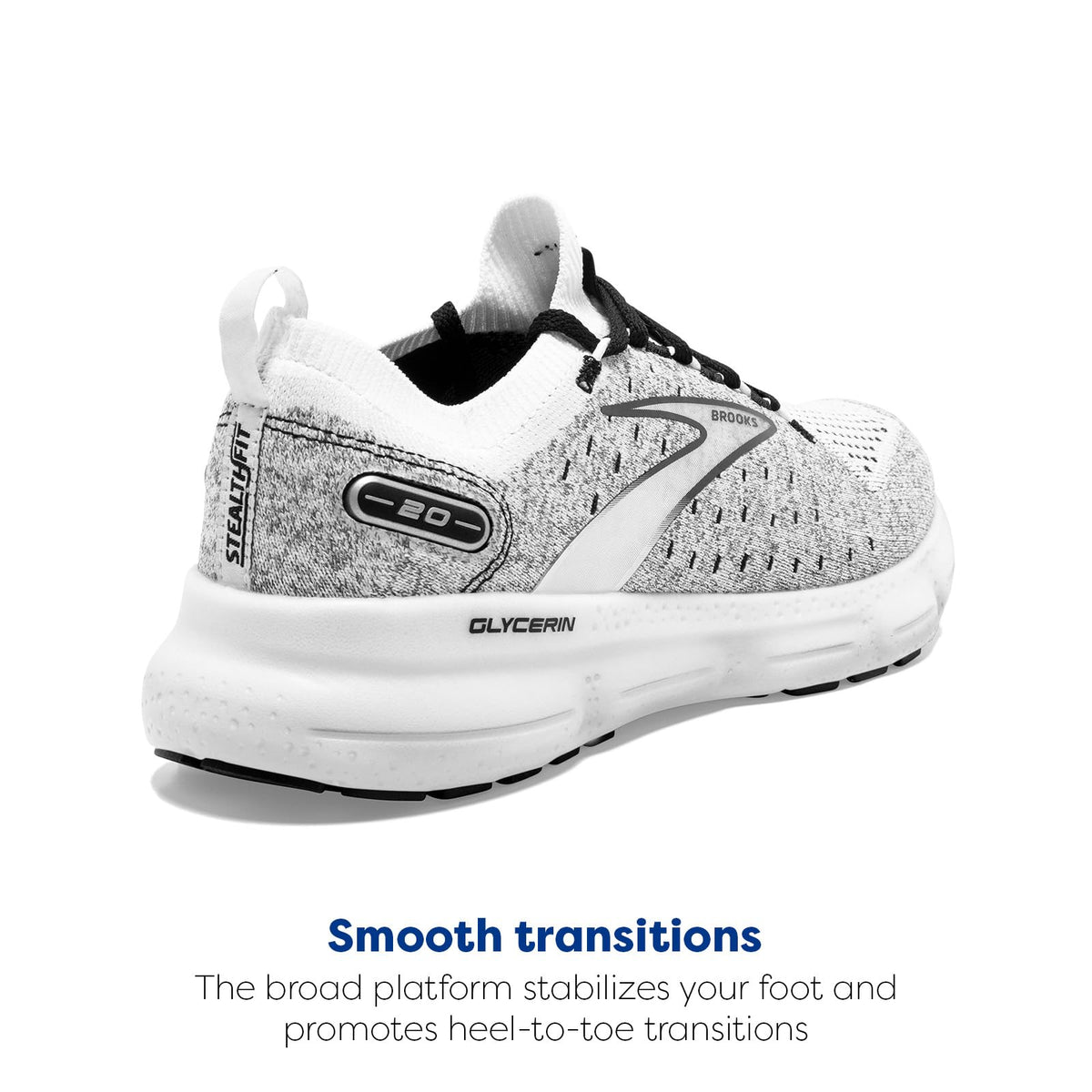 Brooks Men’s Glycerin StealthFit 20 Neutral Running Shoe - White/Grey/Black - 7 Medium