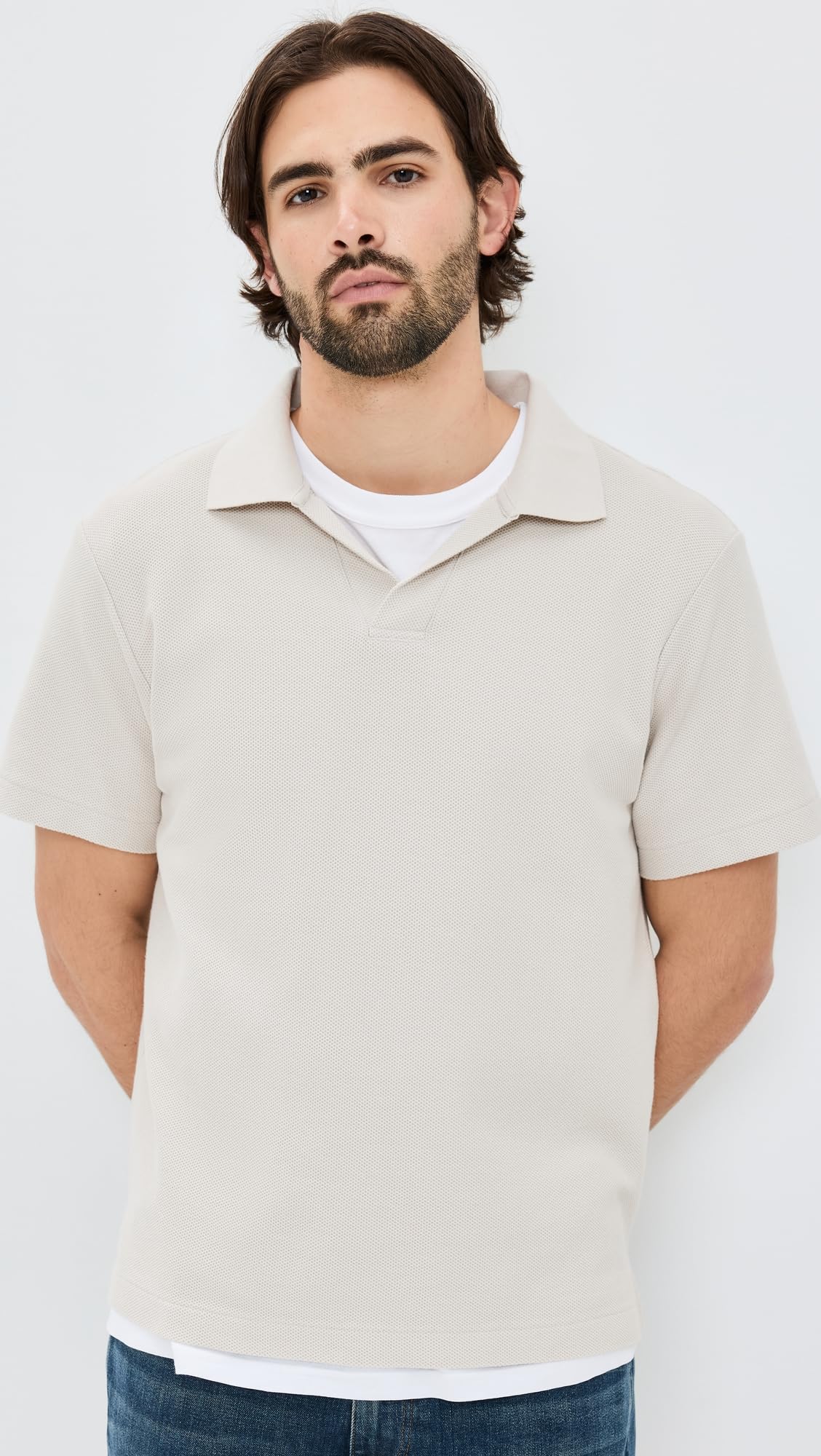 FRAME Men's Short Sleeve Jacquard Polo, Light Khaki, Off White, M