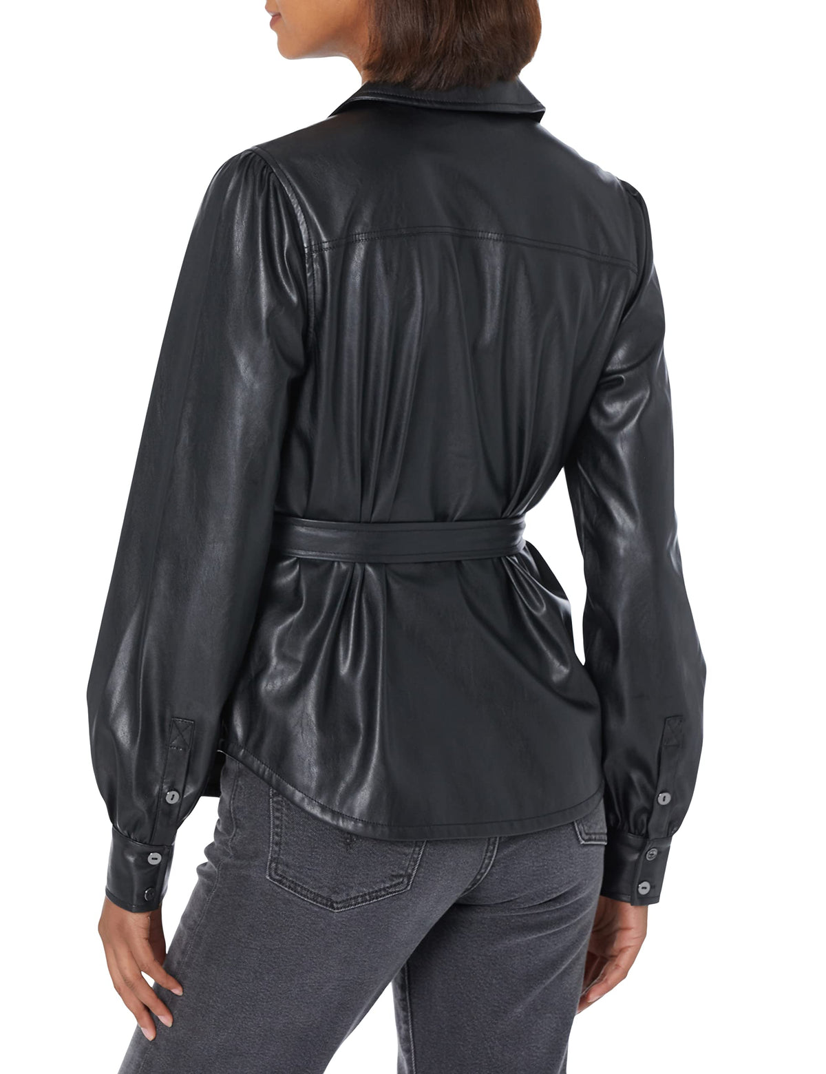 PAIGE Women's Belize Shacket Vegan Leather Shirt Jacket Combo Comfortable fit in Black, L