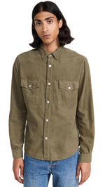 FRAME Men's Double Pocket Micro Cord Shirt, Mocha, Green, S