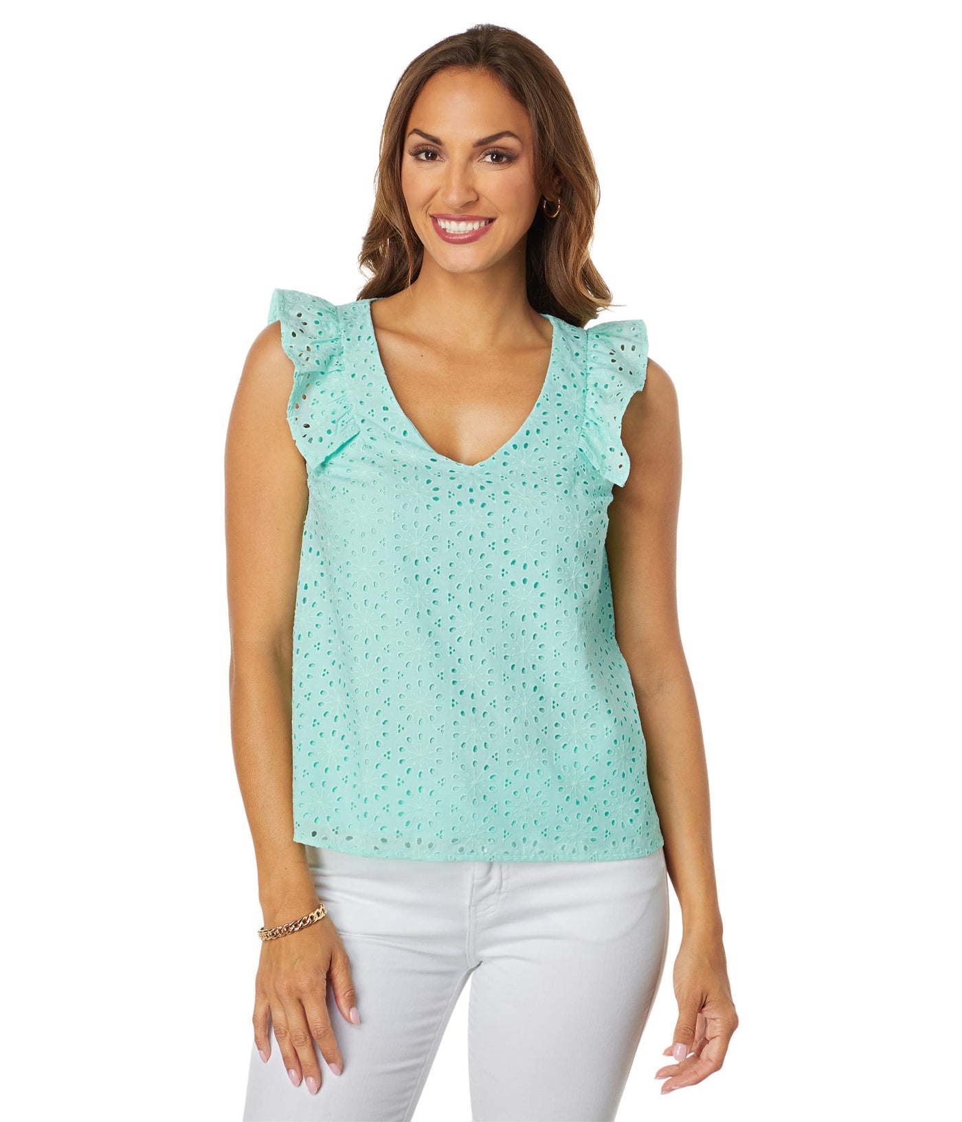 Lilly Pulitzer Lina Eyelet Top X-Small Surf Blue Neon Sunburst Eyelet