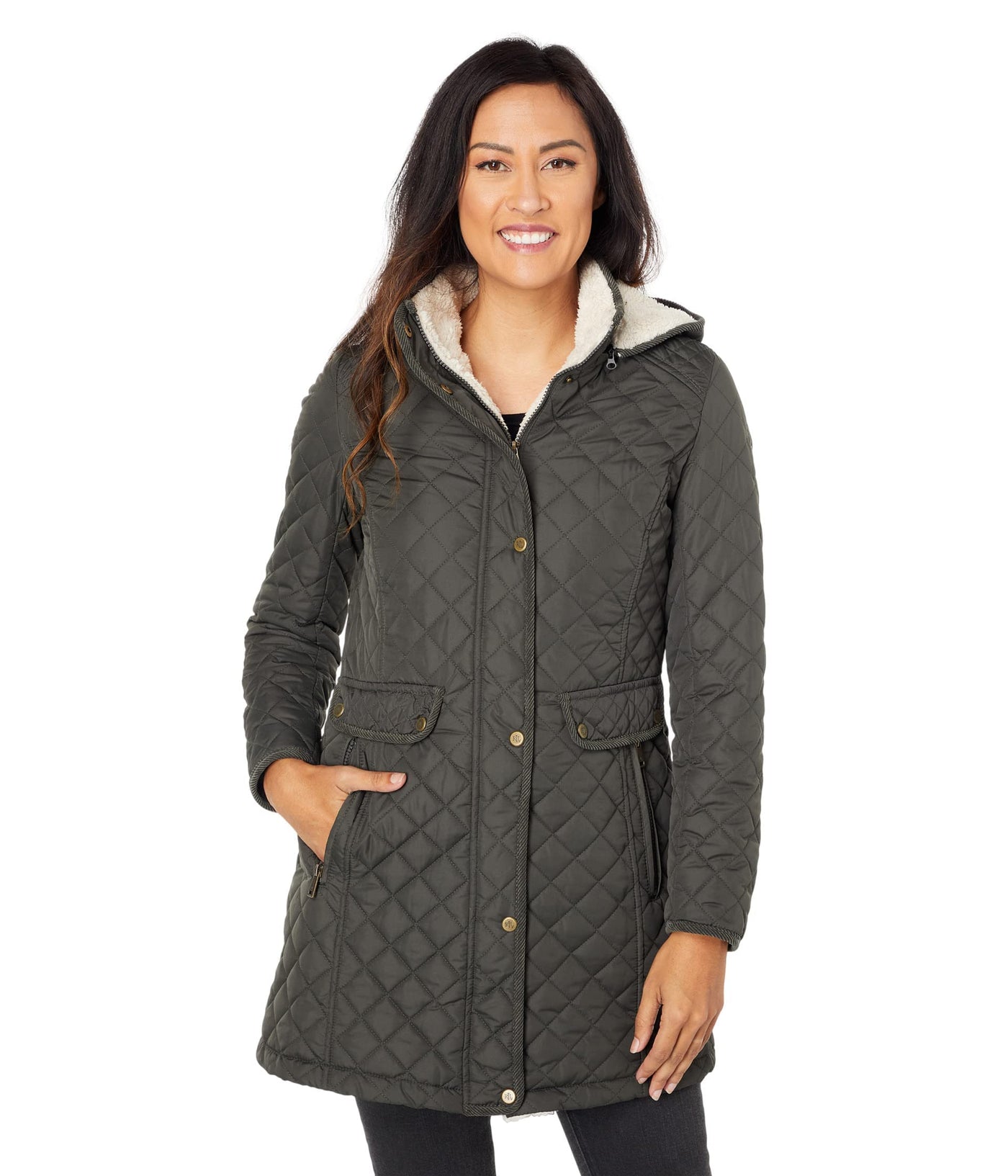 LAUREN Ralph Lauren Big & Small Diamond Quilted Coat w/Hood Dark Moss SM