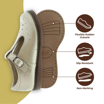 FOOTMATES Sherry Mary Jane Hook and Loop Leather T-Strap Shoes with Wide Toe Box and Custom-Fit Insoles, Non-Marking Outsoles - Pearl Pearlized, 7.5 Toddler (1-4 Years)