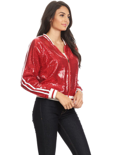 Anna-Kaci Womens Long Sleeve Front Zip Track Stripe Sequin Bomber Jacket, Red, X-Large