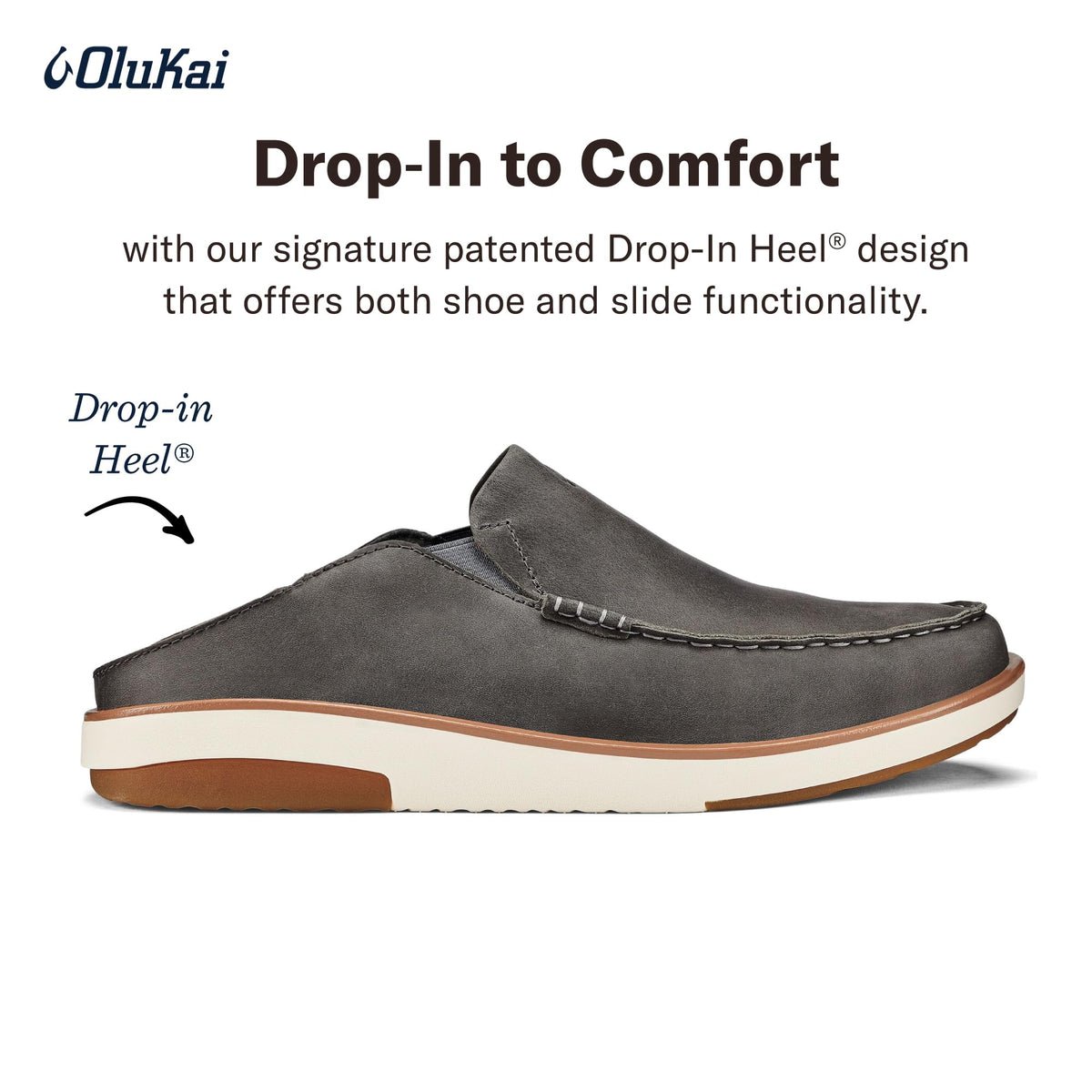 OLUKAI Kalia Men's Leather Slip-On, Full-Grain Waxed Nubuck Leather Shoes, Lightweight & Comfortable, Ash/Ash, 8.5