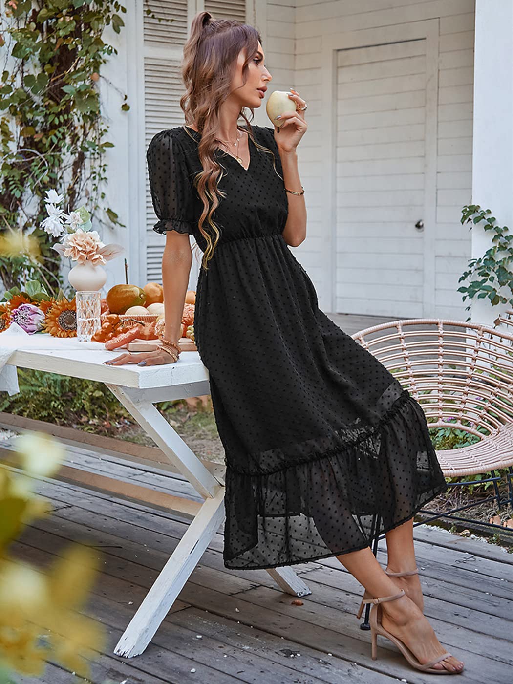 Anna-Kaci Women Summer Swiss Dot Short Sleeve Dress High Waist V Neck Floral Print Flowy Maxi Dress, Small Black