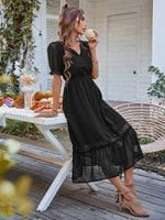 Anna-Kaci Women Summer Swiss Dot Short Sleeve Dress High Waist V Neck Floral Print Flowy Maxi Dress, Small Black