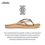 OLUKAI Kaekae Women's Beach Sandals, Full-Grain & Metallic Leather Flip-Flop Slides with Wet Grip Soles, Lightweight & All-Day Comfort, Silver/Golden Sand, 7