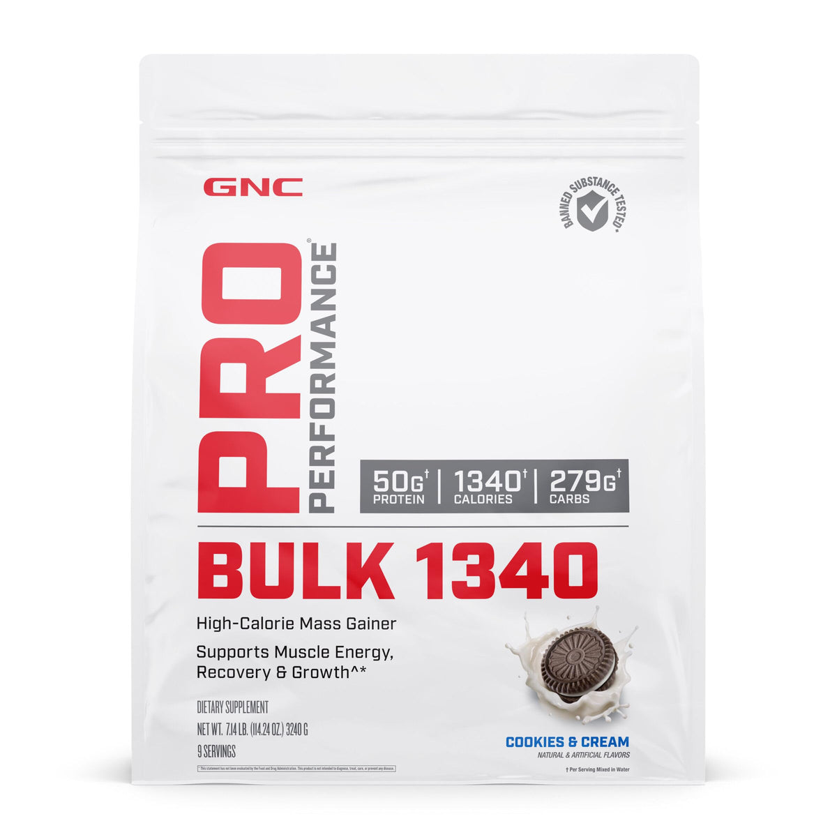 GNC Pro Performance Bulk 1340 Mass Gainer Protein Powder, 50g, Gluten Free, Whey, Creatine, BCAA, 3rd Party Tested, Muscle Recovery & Growth, Micronutrients, Cookies and Cream, 9 Servings