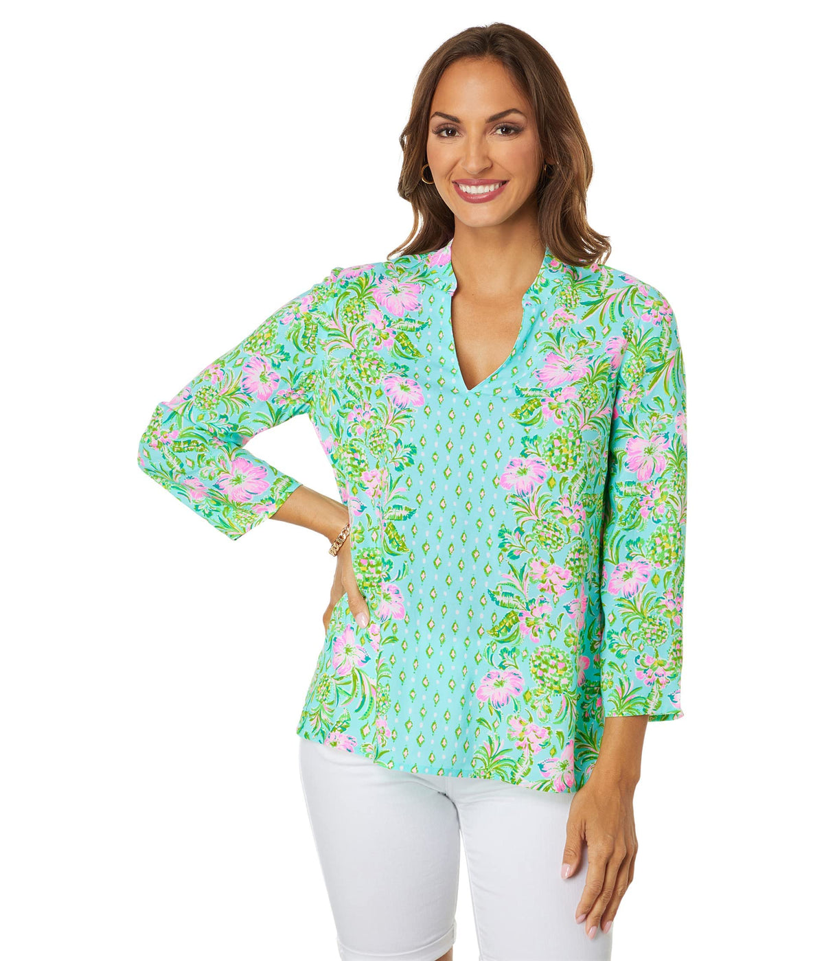 Lilly Pulitzer Luna Bay Tunic for Women - Classic Long Sleeve - V-neckline - Tassel Hemline - Printed Surf Blue Oh Diamond Girl SM One Size