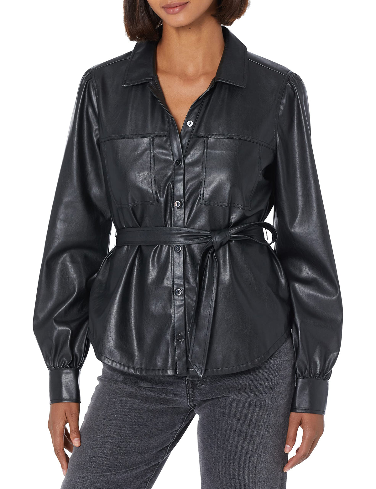 PAIGE Women's Belize Shacket Vegan Leather Shirt Jacket Combo Comfortable fit in Black, L